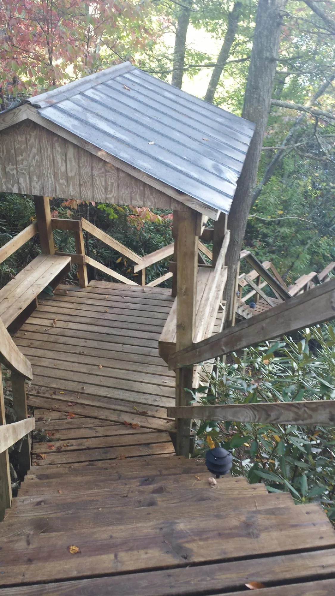 Metal roofed shelter over wooden steps on a wooded walkway — Skylight Repair & Installation work by our crew in Burnt Ranch
